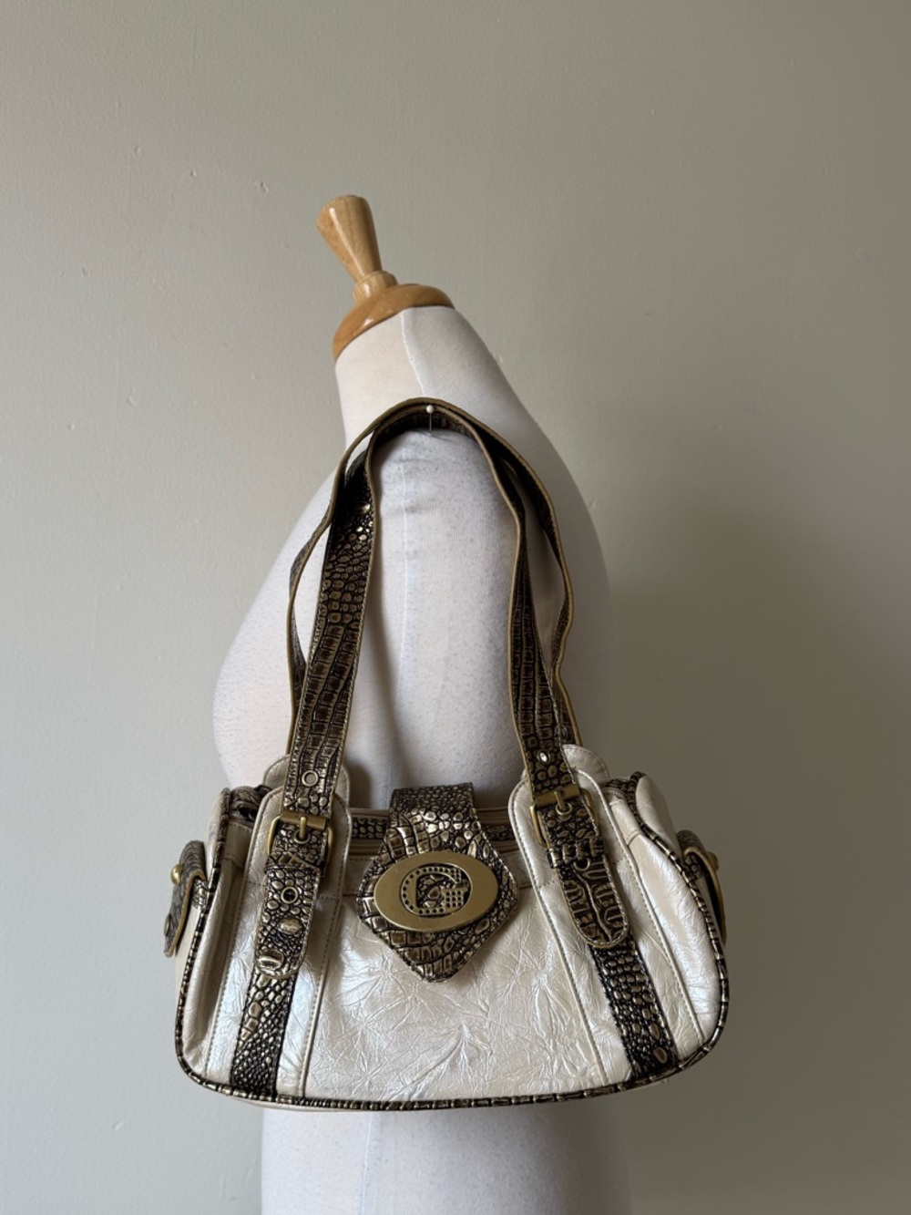 Guess Croc Embossed Shoulder Bag Y2K Cream Brown Leather
